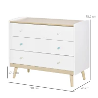 HOMCOM Cómoda Infantil com 3 Gavetas Pés de Madeira amplo espaço de Armazenamento para Brinquedos Roupa Livros 90x40x75,2cm Branco(m-3)