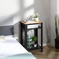 HOMCOM Mesa de Apoio Estilo Industrial com 2 Prateleiras de Grade de Metal e Pés Ajustáveis 45x35x75cm Carvalho e Branco(m-4)