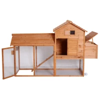 PawHut Galinheiro de Madeira Exterior Gaiola para Galinhas Animais Pequenos com Teto Abatível Caixa Ninho Bandeja Rampa 2 Rodas e 2 Poleiros 213x91x122 cm Madeira(m-1)