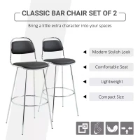 HOMCOM Height Bar Stools Set of 2, Classic PU Leather Bar Chairs for Counter Kitchen with Backrest and Footrest, Black(m-12)