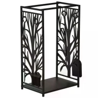 HOMCOM Steel Firewood Log Holder Indoor Outdoor Firewood Rack Fireplace Wood Storage Shelf with 4 Tools, Hooks, Tree Pattern Design, Rust-Resistant, Black, 46W x 30D x 70H cm(m-11)