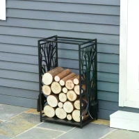 HOMCOM Steel Firewood Log Holder Indoor Outdoor Firewood Rack Fireplace Wood Storage Shelf with 4 Tools, Hooks, Tree Pattern Design, Rust-Resistant, Black, 46W x 30D x 70H cm(m-8)