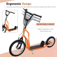 HOMCOM Youth Scooter Front and Rear Caliper Dual Brakes 16-Inch Inflatable Front Wheel Ride On Toy For Age 5+ Orange(m-5)