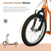 HOMCOM Youth Scooter Front and Rear Caliper Dual Brakes 16-Inch Inflatable Front Wheel Ride On Toy For Age 5+ Orange(m-7)