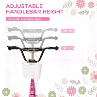 HOMCOM Kids Kick Scooter Teen Ride On Children Scooter with Adjustable Handlebar 2 Brakes Basket Cupholder Mudguard 16" Inflatable Rubber Tyres for 5-12 years old Pink(m-4)