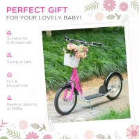 HOMCOM Kids Kick Scooter Teen Ride On Children Scooter with Adjustable Handlebar 2 Brakes Basket Cupholder Mudguard 16" Inflatable Rubber Tyres for 5-12 years old Pink(m-5)