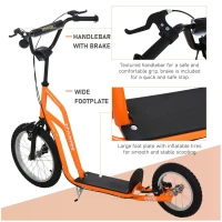 HOMCOM Youth Scooter Front and Rear Caliper Dual Brakes 16-Inch Inflatable Front Wheel Ride On Toy For Age 5+ Orange(m-4)