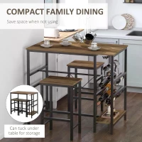 HOMCOM 3 Pieces Dining Table and Chair  Bar Bistro Set with 8-bottle Wine Rack and Cup Holder, Metal Frame for Kitchen, Dining Room, Living Room, Pub(m-7)