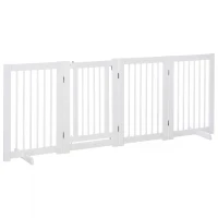 PawHut Freestanding Pet Gate 4 Panel Wooden Dog Barrier Folding Safety Fence with Support Feet Walkthrough Door up to 204cm Wide 75cm Tall for Doorway Stairs White(m-10)