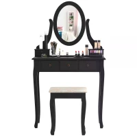 HOMCOM Dressing Table Vanity Set Vintage Desk Stool Mirror Makeup Furniture Shabby Chic Style Jewelry Cosmetic Storage w/ 5 Drawers Black(m-11)