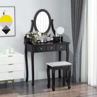 HOMCOM Dressing Table Vanity Set Vintage Desk Stool Mirror Makeup Furniture Shabby Chic Style Jewelry Cosmetic Storage w/ 5 Drawers Black(m-8)