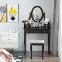 HOMCOM Dressing Table Vanity Set Vintage Desk Stool Mirror Makeup Furniture Shabby Chic Style Jewelry Cosmetic Storage w/ 5 Drawers Black(m-9)