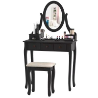 HOMCOM Dressing Table Vanity Set Vintage Desk Stool Mirror Makeup Furniture Shabby Chic Style Jewelry Cosmetic Storage w/ 5 Drawers Black(m-12)