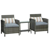 Outsunny Ensemble salon de jardin en résine tressée 3 pièces 2 fauteuils + table basse verre trempé coussins d'assise coussins lombaires déhoussables fournis acier 63 x 68 x 78 cm gris(m-1)