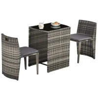 Outsunny Ensemble salon de jardin encastrable 3 pièces plateau table verre trempé + lot de 2 chaises coussins résine tressée grise(m-1)