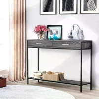 HOMCOM Console Table Worktop Bottom Shelf Home Two Drawer Industrial Minimal Style Grey Wood Tone Effect(m-9)