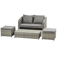 Outsunny Ensemble salon de jardin 4 places : canapé, 2 poufs et table basse relevable coussins résine tressée imitation rotin gris(m-1)
