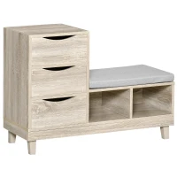 HOMCOM Meuble Chaussures Banc à Chaussures Design Urban Craft 3 tiroirs 2 niches Coussin Gris Inclus MDF Aspect chêne Clair(m-1)