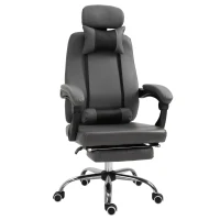 HOMCOM Fauteuil de bureau manager grand confort repose-pied tétière + coussin lombaires intégrés dossier inclinable revêtement revêtement synthétique gris foncé(m-1)
