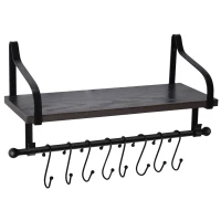 HOMCOM Étagère murale flottante en bois de sapin et métal - étagère de cuisine à ustensiles - 8 crochets amovibles - gris noir(m-1)