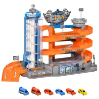HOMCOM Garage Parking Voitures Enfant - 3 Niveaux, 6 Voitures, Ascenseur, rampes en Spirale, 15 Places stationnement - PP ABS Orange Gris Bleu(m-1)