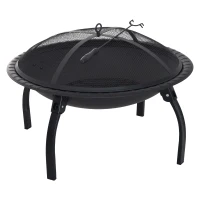 Outsunny brasero boule de feu cheminée foyer extérieur 71L x 71l x 42H cm pieds rétractables grille à charbon couvercle tisonnier métal noir(m-1)