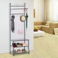 HOMCOM Portant porte-manteaux vestiaire d'entrée style néo-rétro fer forgé multi-rangements 60L x 35l x 175H cm noir(m-2)