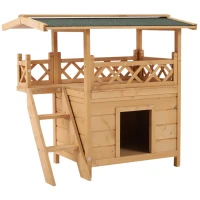 PawHut Maison lodge pour chats sauvage errants - niche villa avec terrasse, escalier, toit pour chien chat - 77 x 50 x 73 cm - naturel et vert(m-1)