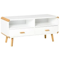 HOMCOM Meuble TV Bas sur Pieds Style scandinave 2 niches 2 tiroirs MDF Blanc Bois Massif Bambou(m-1)