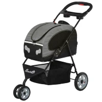 PawHut Poussette pliable chien chat chariot de voyage animaux de compagnie sac de transport à bandoulière à dos à main ou à roulettes 5 en 1 acier oxford gris noir(m-1)