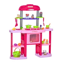 HOMCOM Cuisine pour Enfant - dinette - Jeu d'imitation Complet 51 Accessoires variés - Fonctions sonores et Lumineuses - PP ABS Rose(m-1)