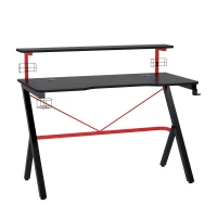 HOMCOM Bureau gaming bureau gamer bureau informatique bracket casque enceintes porte-gobelet grand plateau MDF + étagère écran châssis métal rouge noir(m-1)