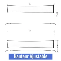 Homcom Filet de Badminton/loisirs 5 m - hauteur réglable 1,58 m max. - filet portable avec support pieds et piquets - sac de transport inclus(m-3)