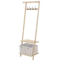 HOMCOM Vestiaire d'entrée porte-manteau 4 patères double 2 paniers polyester gris clair 2 étagères bois de sapin(m-1)