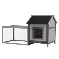 PawHut Clapier cage à lapin cottage - niche avec rampe, porte, fenêtres, plateau excrément amovible - toit enclos ouvrant - bois sapin gris(m-1)