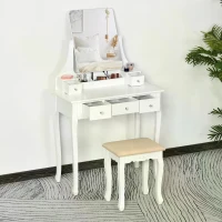 HOMCOM Dressing Table Set with 360° Spin Mirror and Cushioned Stool, Makeup Vanity Dresser Desk with 5 Drawers for Bedroom, White(m-8)