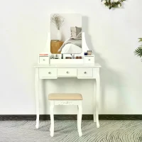 HOMCOM Dressing Table Set with 360° Spin Mirror and Cushioned Stool, Makeup Vanity Dresser Desk with 5 Drawers for Bedroom, White(m-11)