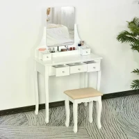 HOMCOM Dressing Table Set with 360° Spin Mirror and Cushioned Stool, Makeup Vanity Dresser Desk with 5 Drawers for Bedroom, White(m-9)