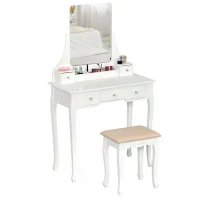 HOMCOM Dressing Table Set with 360° Spin Mirror and Cushioned Stool, Makeup Vanity Dresser Desk with 5 Drawers for Bedroom, White(m-13)