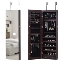 HOMCOM Jewelry Cabinet with Mirror and LED Lights, Lockable Makeup Cosmetics Jewellery Organiser, Mirror with Storage for Bedroom Dressing Room, Walnut(m-1)