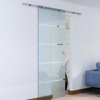 HOMCOM 102.5cm Modern Sliding Door Include Hardware Track System Kit, Frosted Stripe Glass Door, Round Handle(m-1)