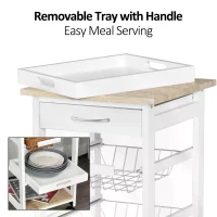 HOMCOM Mobile Rolling Kitchen Island Trolley for Home w/ Metal Baskets Trays Shelves Wheels Compact Stylish Storage White(m-5)