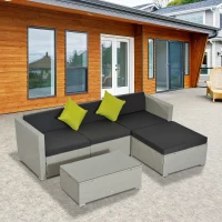 Outsunny 5 Piece Rattan Garden Furniture Set, Outdoor Corner Sofa with 67 cm Wide & Deep Seat, Sectional Outdoor Furniture Conversation Set with Cushions, Glass Top Coffee Table for Patio, Grey(m-1)