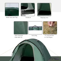 Outsunny Dome Tent for 3-4 Person Family Tent with Large Windows Waterproof Green(m-6)