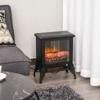 HOMCOM 1800W Freestanding Electric Fire w/ Faux Log Flame Adjustable Heat Thermal Stove Safe Overheating Protection Flame Black(m-1)