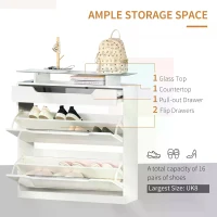 HOMCOM Shoe Storage Cabinet, Shoe Cupboard with Slide Out Drawer, 2 Flip Doors, Tempered Glass Top and Adjustable Shelves for 16 Pairs of Shoes, White(m-4)
