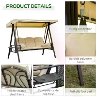 Outsunny Swing Chair Hammock Chair 3 Seater Canopy Cushion Shelter Outdoor Bench Steel Beige(m-6)