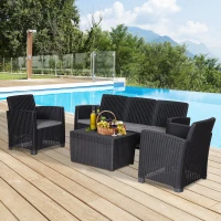 Outsunny Garden PP Rattan Style Sofa Table Set 5 Seater Outdoor Patio 2 Single Chairs & 1 Bench Conservatory Furniture Cushioned - Black(m-1)