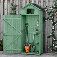 Outsunny Small Shed, Tall Slim Wooden Garden Shed with 3 Removable Shelves and Roof Hatch, Compact Outdoor Tool Storage Cabinet with Asphalt Roof and Door Latch, 77 x 54.2 x 179 cm, Green(m-1)