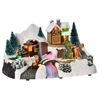 HOMCOM Prelit Christmas Musical Villages with Rotating Tree Animated Xmas Village with Sound Fibre Optic Transformer or Battery-Operated Festival Decoration for Tabletop(m-1)